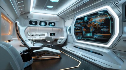 futuristic interior of a space control room with advanced technology and sleek design, ideal for sci