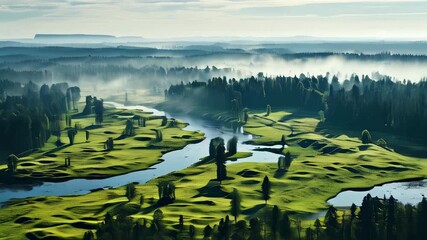 Wall Mural - Nature of Latvia. Morning landscape with river and fog. Beautiful view.