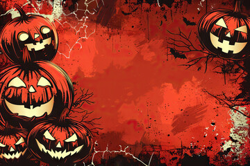 Wall Mural - Stack of evil jack-o-lanterns glowing ominously on a grungy red backdrop, ideal for spooky Halloween themed projects and designs.