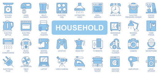 Poster - Household icons set in duotone outline stroke design for web. Pack pictograms of kitchen scales, mixer, blender, electric hob, dishwasher, alarm clock, coffee maker, lamp, other. Vector illustration.