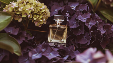 Wall Mural - Perfume bottle in flowers, fragrance on blooming background, floral scent and cosmetic product idea