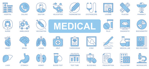 Aufkleber - Medical icons set in duotone outline stroke design for web. Pack pictograms of hospital, doctor, helicopter, thermometer, stethoscope, license, pharmacy, nurse, ambulance, other. Vector illustration.