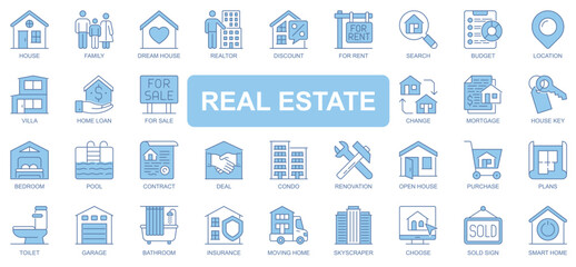 Aufkleber - Real estate icons set in duotone outline stroke design for web. Pack pictograms of house, family, realtor, discount, rent, location, villa, home, loan, chance, mortgage, other. Vector illustration.