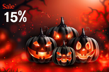 Sticker - Fiery Halloween sale with a 15% discount, featuring a sinister array of glowing jack-o'-lanterns against a dark, spooky backdrop.