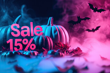 Wall Mural - Eerie Halloween night sale with a 15% discount showcased by mysterious fog and hauntingly lit pumpkins