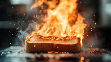 This intense image shows a slice of bread on fire in a kitchen, with flames rising dramatically, representing a cooking mishap and the dangers of kitchen accidents.