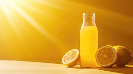 Lemon juice in a glass bottle, with sunlight casting a bright glow on a one-color background, representing a healthy summer detox drink