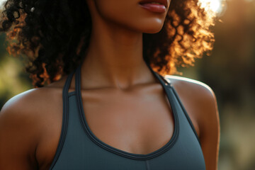 Woman in sports bra posing confidently outdoors, enjoying fitness routine isolated on background.