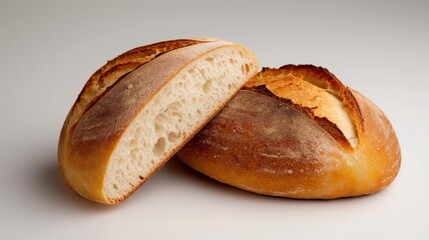 a detailed image of two slices of freshly baked sourdough bread placed against a clean white backgro