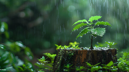 small tree growing on a tree stump with lush green plants surrounding it, raindrops gently falling