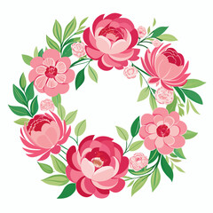 painting wreath peony flowers and green art vector