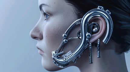 Wall Mural - Cybernetic Ear Implant with Chrome Finish and Futuristic Design