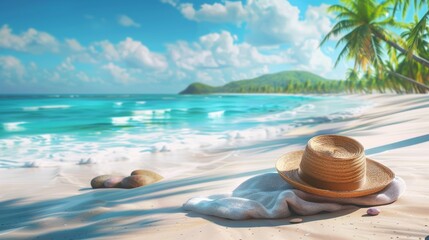 Wall Mural - Beach, with straw hats and beach towels, bright sunshine and beautiful blue waters.