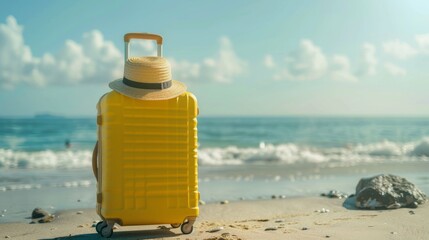 Wall Mural - Yellow suitcase on the beach with straw hat There is a beautiful blue sea background. It is a trip to the sea on holiday.