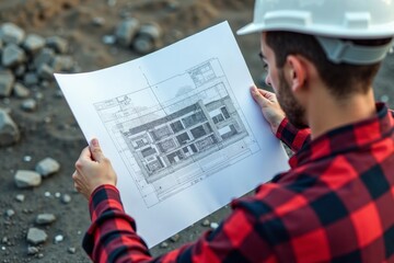 photo of engineer in hard hat at shirt holding building plan in construction site, generative AI