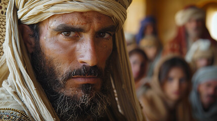 Prophet of God with a blurred background of an ancient city, capturing the essence of spirituality and history.