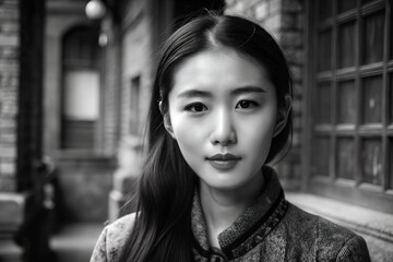 girl, Asian woman in traditional costume on the street, black and white portrait