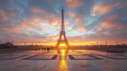 Wall Mural - Beautiful sunrise view from Trocadero of the Eiffel Tower of Paris France with soft morning light and without people --ar 16:9 --v 6 Job ID: b8bb63e1-be65-4214-a2a6-cc60587d2a2b