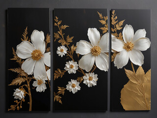 A set of three abstract wall art three panels with white and golden flowers on a black background. Generated With AI