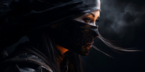 An assassin ninja is wearing a hooded mask. The image has a dark and mysterious mood, with the person's face obscured by the mask. Banner with copy space