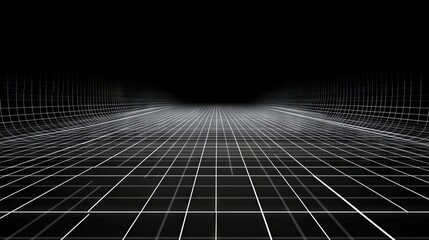 Wall Mural - Futuristic perspective grid box. Abstract wireframe with white grid line on black background. Virtual reality landscape in 80s 90s digital style. Vector 