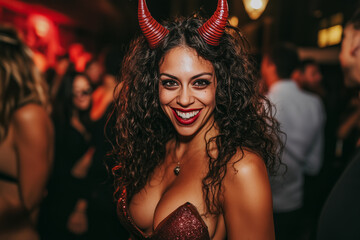 Wall Mural - A young woman dressed up as a devil at a Halloween party