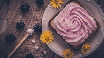 Canvas Print -   A white plate features a slice of toast smothered in pink frosting, accompanied by fresh blackberries and vibrant yellow flowers