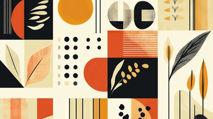 Wall Mural - Set of bauhaus natural geometric shapes, pattern in tiles, decorative abstract art, banner, wallpaper, agriculture concept --ar 16:9 --v 6.1 Job ID: 6d795e2d-f680-4a8e-b90a-7de3b0b907d7