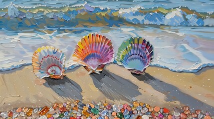 Poster - A beach scene with colorful seashells and starfish