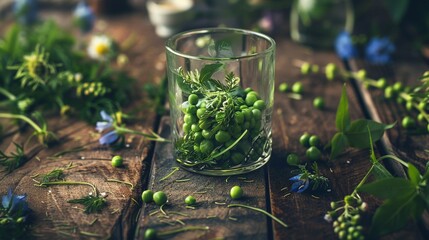 Wall Mural -   Glass filled with green peas on wooden table surrounded by blue and green flowers