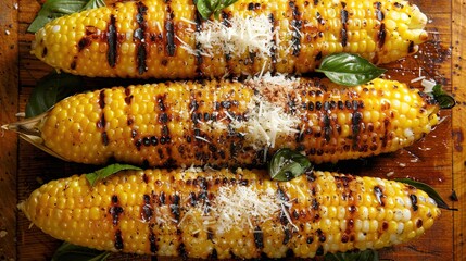 Wall Mural -   Grilled corn on the cob topped with basil, Parmesan cheese, and more Parmesan cheese