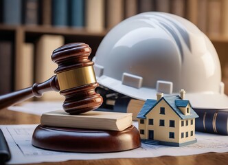 Labor and Construction law concept. judge gavel on building blueprint plans with a safety helmet and building model. Paper sheet with pen on wooden table. Agreement on construction law. home insurance