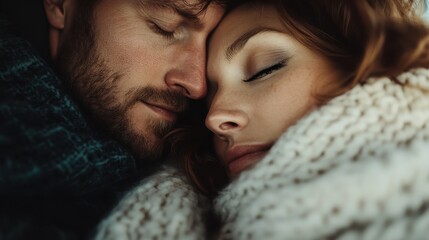 This image features a close-up of two individuals dressed warmly in chunky winter sweaters and scarves, conveying a sense of warmth and coziness in a winter setting.