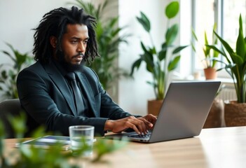 A middle-aged Black man with dreadlocks wearing a dark shirt, sitting at a desk and using a laptop computer