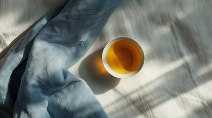 Poster -   A cup of tea on a bed, next to a blue comforter