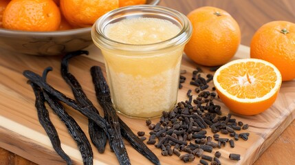 Wall Mural -   Bowl of oranges beside glass of orange juice & wooden cutting board