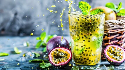 Sticker -   A close-up photo of a drink in a glass with a basket of fruit and a mint sprig