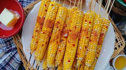 Sticker -   Grilled corn on a wooden skewer with butter and ketchup