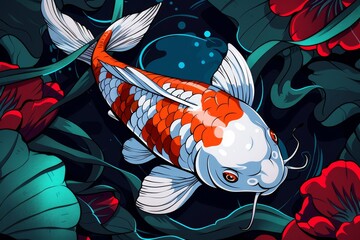 Wall Mural -  A red-and-white koi fish swims in a vibrant pond filled with red and green water Surrounding the pond are red and verdant leaves and flowers