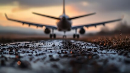 Canvas Print -  A large jetliner traverses a cloud-filled sky, approaching a runway dotted with dirt and grass A solitary puddle of water marks the tarmac