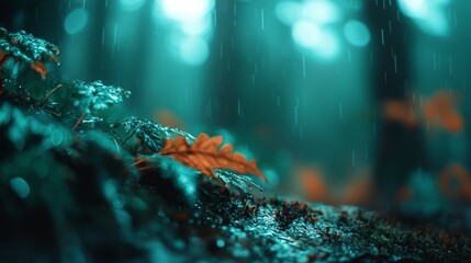 Wall Mural -  A crisp image of a leaf atop a moss-covered rock in the forest, rain delicately cascading down