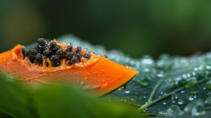 Sticker -  A tight shot of a watermelon against a backdrop of verdant leaves, with water droplets clinging to it