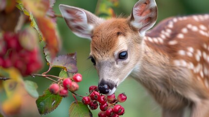 Wall Mural -  A tight shot of a deer with berries on its snout, surrounded by a hazy backdrop of leaves and berries