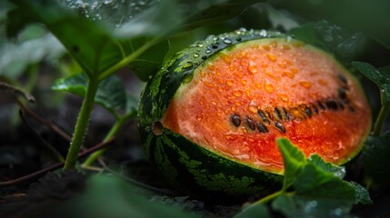 Wall Mural -  A tight shot of a fallen watermelon, its surface dotted with water drops, surrounded by leaves