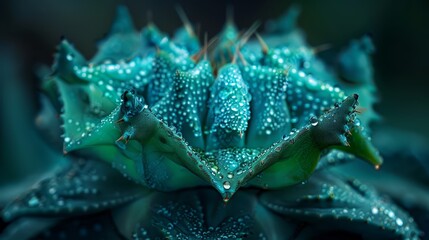 Wall Mural -  A tight shot of a blue bloom, dotted with water droplets on its petals, against a dark backdrop