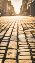 Canvas Print - A person walking down a brick road with the sun setting in front of them, AI