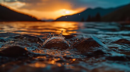 Sticker -  A tight shot of water with nearby rocks in the foreground and a distant mountain range in the background