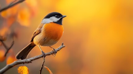 Wall Mural -  A small bird sits on a tree branch against a backdrop of indistinct leaves and branches, predominantly yellow and orange