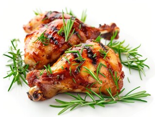 Grilled Italian BBQ chicken with herbs on white background