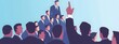 © Lukas - A flat vector illustration of an abstract human pyramid with many people standing on top, pointing to the center person who is wearing business attire and holding out his hand towards us